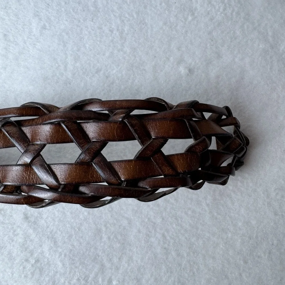 Vintage Faded Glory Woven Leather Belt 2X Silver Tine Buckle Brown Bohemian Y2K